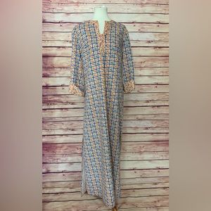 Vintage Handmade 60s Floral Fabric Long Sleeve Side Slit Mumu Dress